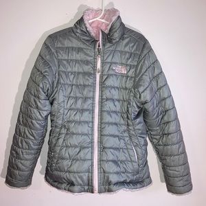 Reversible gray and pink North Face girls jacket